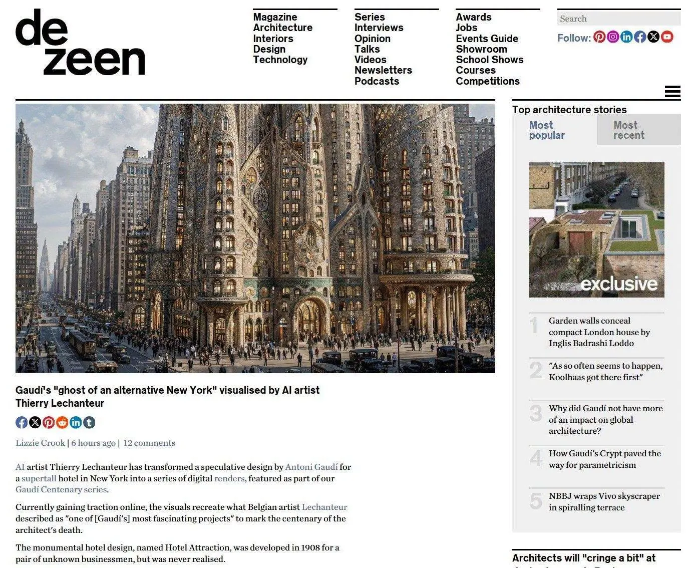 Dezeen — Gaudí's "ghost of an alternative New York" visualised by AI artist Thierry Lechanteur