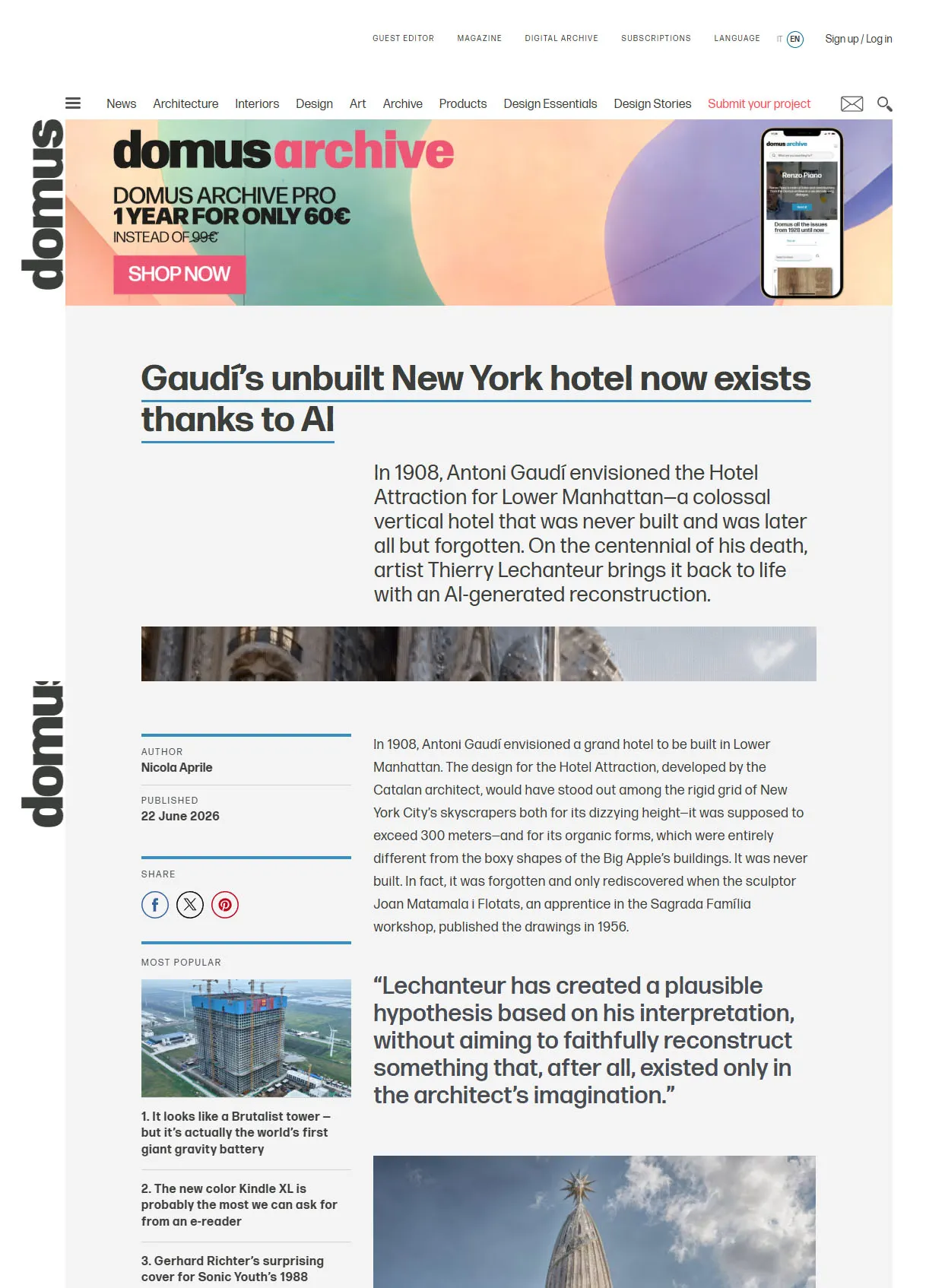 Domus — Gaudí's unbuilt New York hotel now exists thanks to AI