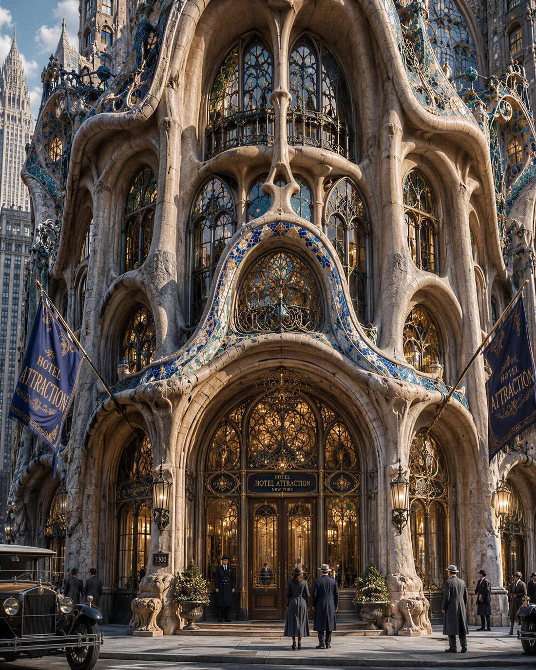 L’entrée de l’Hotel Attraction : porche monumental, mosaïques et drapeaux sur une avenue de Manhattan, image composée par IA