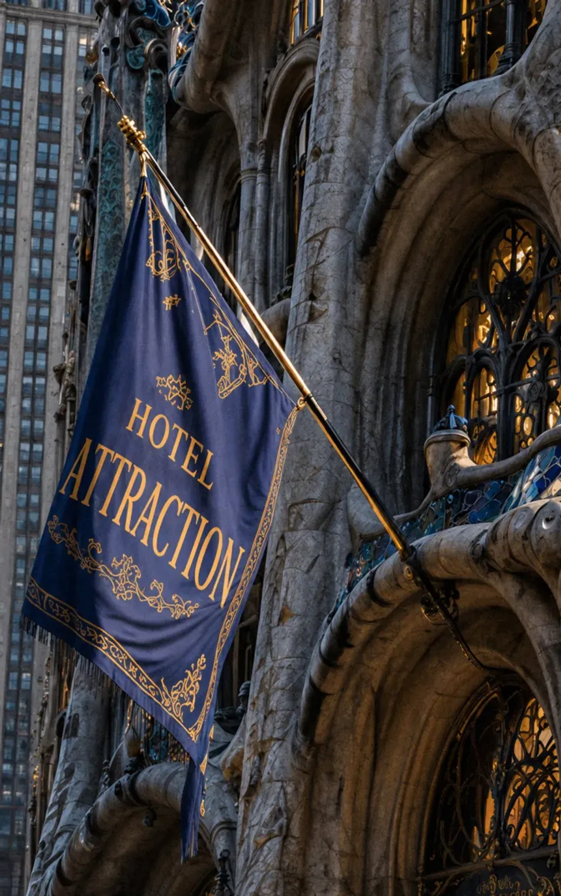 Détail de l’Hotel Attraction : le drapeau « Hotel Attraction » sur la façade