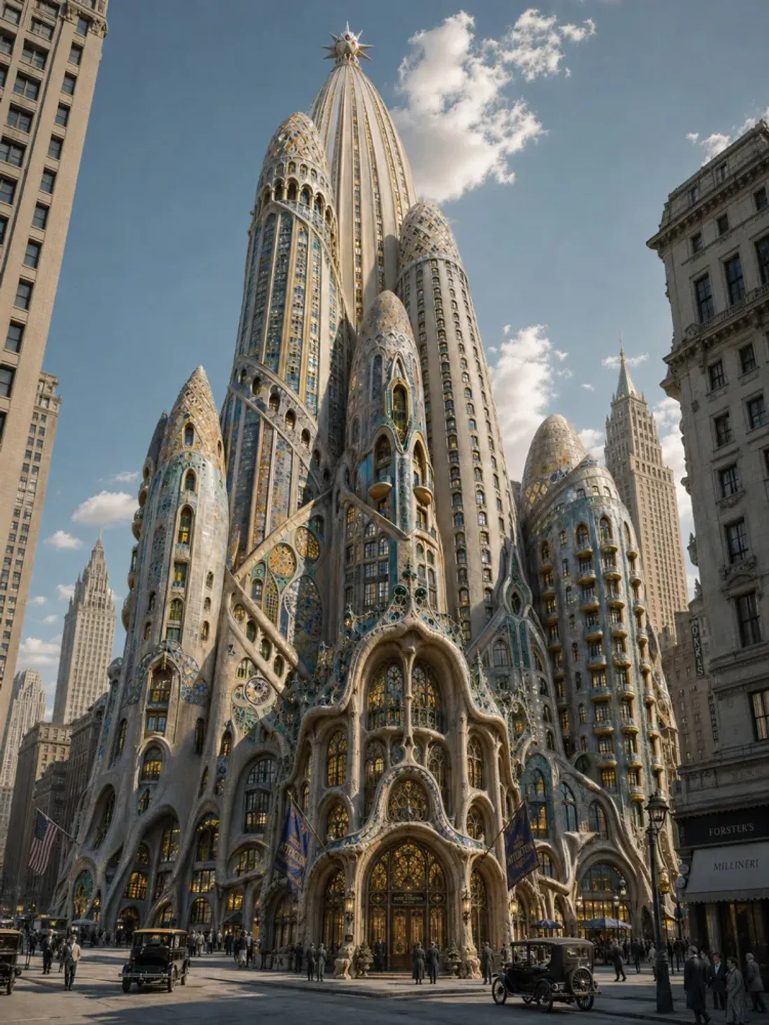 Hotel Attraction : façades et entrée dans le paysage new-yorkais, image composée par IA