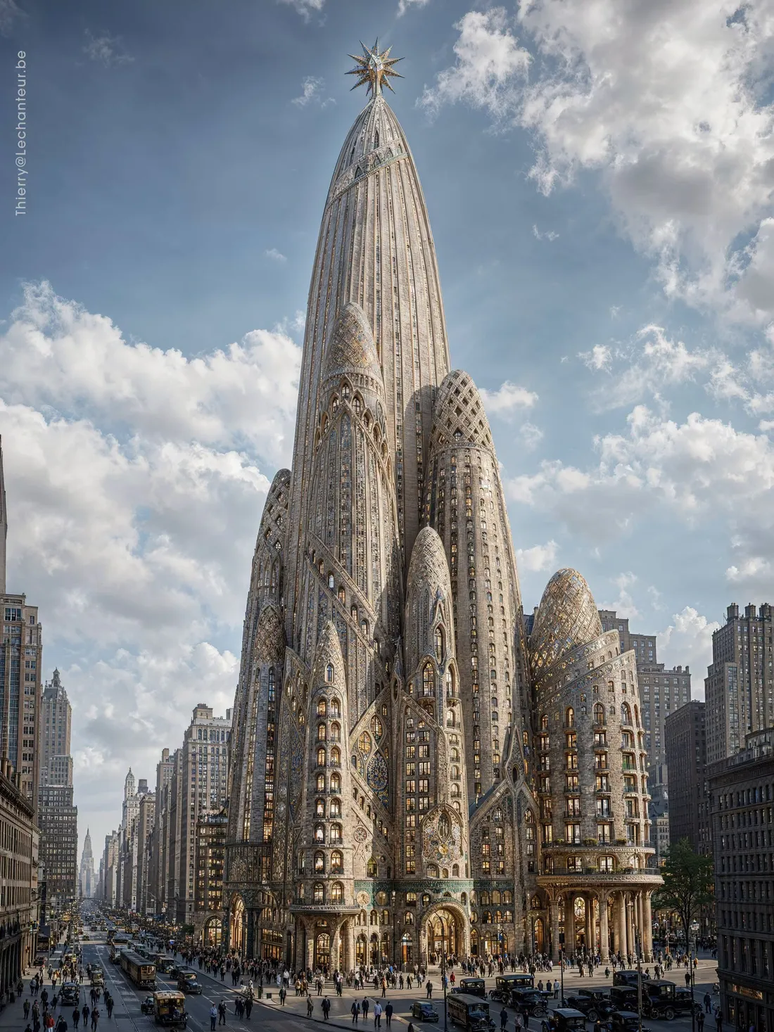 Hotel Attraction : la tour de Gaudí de 360 mètres sur une avenue de Manhattan, image composée par IA
