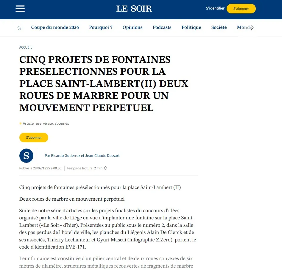 Le Soir — Cinq projets de fontaines présélectionnés pour la place Saint-Lambert