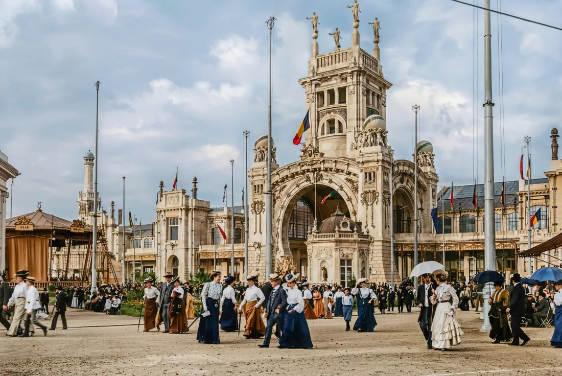 Entrée monumentale et foule de l’Exposition universelle de Liège 1905, reconstitution visuelle