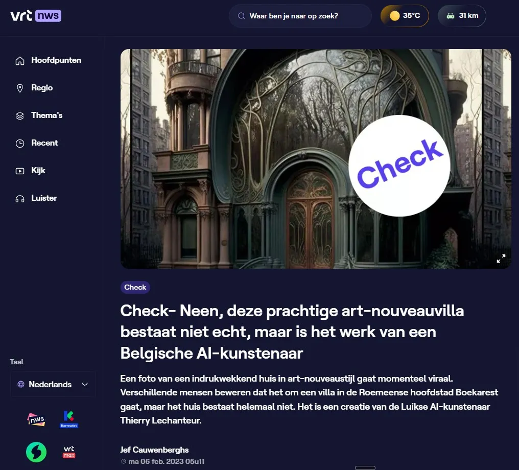 VRT NWS — Check - Neen, deze prachtige art-nouveauvilla bestaat niet echt, maar is het werk van een Belgische AI-kunstenaar