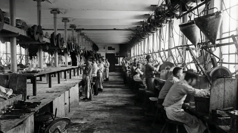 Crystal cutting hall on the wheel, Val Saint-Lambert workshop, visual reconstruction
