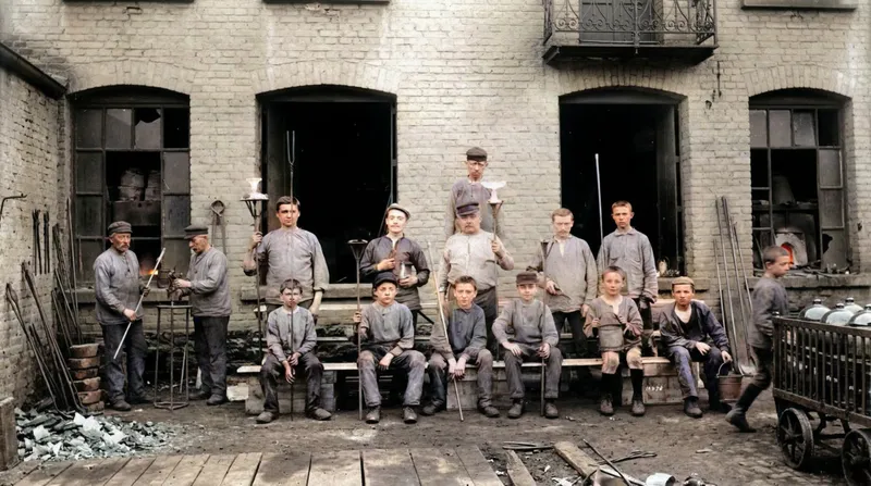 Workers and apprentices of Val Saint-Lambert, colourised visual reconstruction