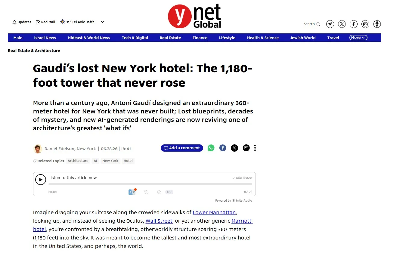 Ynetnews, Gaudí's lost New York hotel: The 1,180-foot tower that never rose